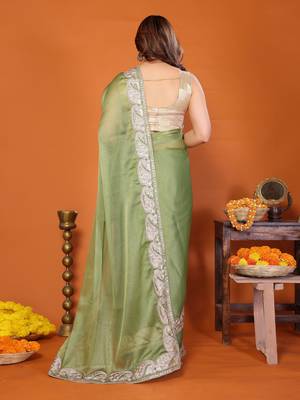 Pista chiffon solid zari embroidery saree with sequin & stone embroidery border 3