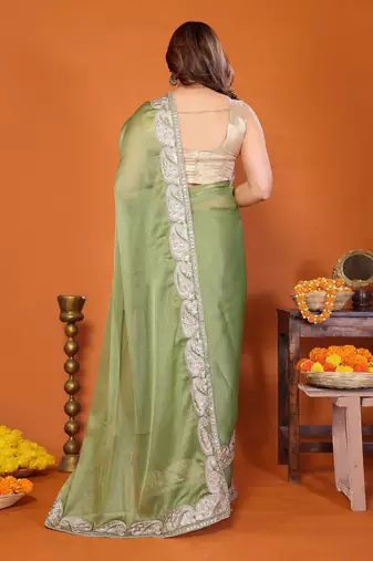 Pista chiffon solid zari embroidery saree with sequin & stone embroidery border