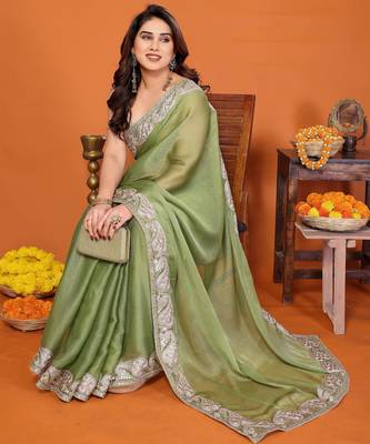 Pista chiffon solid zari embroidery saree with sequin & stone embroidery border 4