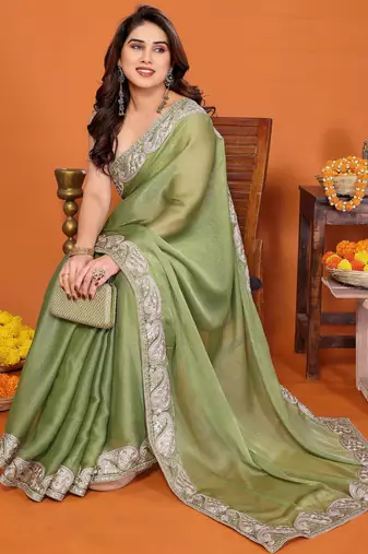Pista chiffon solid zari embroidery saree with sequin & stone embroidery border