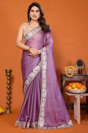 Purple chiffon solid zari embroidery saree with sequin & stone embroidery border