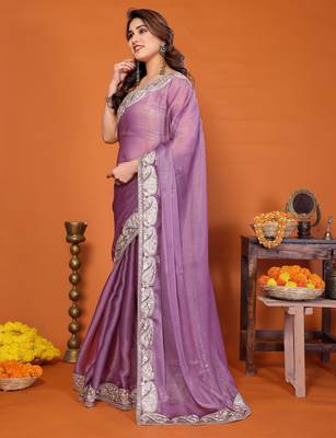 Purple chiffon solid zari embroidery saree with sequin & stone embroidery border 2