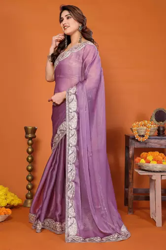 Purple chiffon solid zari embroidery saree with sequin & stone embroidery border