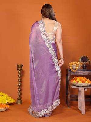 Purple chiffon solid zari embroidery saree with sequin & stone embroidery border 3