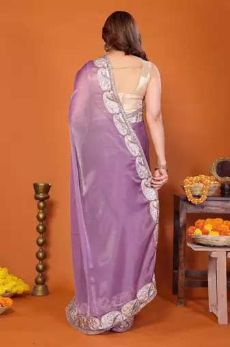 Purple chiffon solid zari embroidery saree with sequin & stone embroidery border