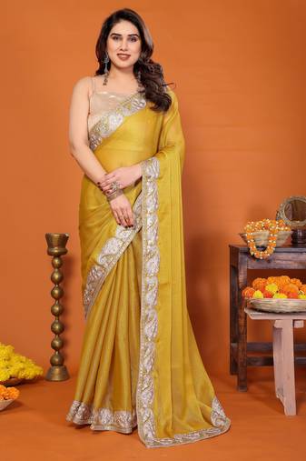Yellow chiffon solid zari embroidery saree with sequin & stone embroidery border
