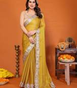 Yellow chiffon solid zari embroidery saree with sequin & stone embroidery border