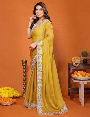 Yellow chiffon solid zari embroidery saree with sequin & stone embroidery border 2