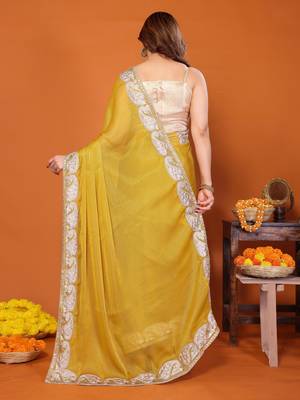 Yellow chiffon solid zari embroidery saree with sequin & stone embroidery border 3