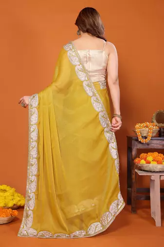 Yellow chiffon solid zari embroidery saree with sequin & stone embroidery border