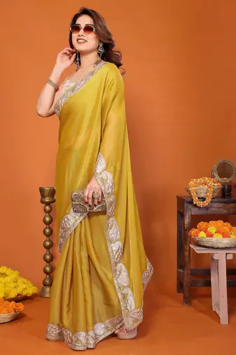 Yellow chiffon solid zari embroidery saree with sequin & stone embroidery border