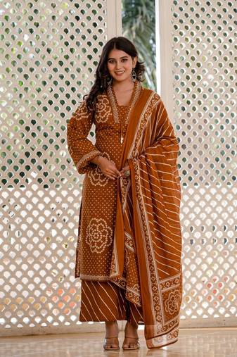 Women Bandhej Printed Kurti Pant Dupatta Set for Women | Ethnic Cotton Kurta Set | Festive & Daily Wear
