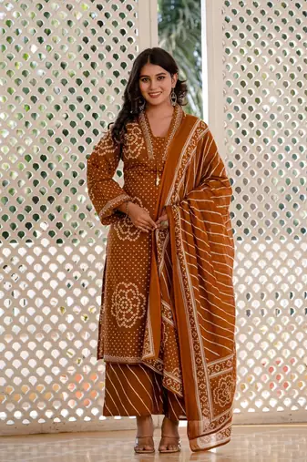 Women Bandhej Printed Kurti Pant Dupatta Set for Women | Ethnic Cotton Kurta Set | Festive & Daily Wear