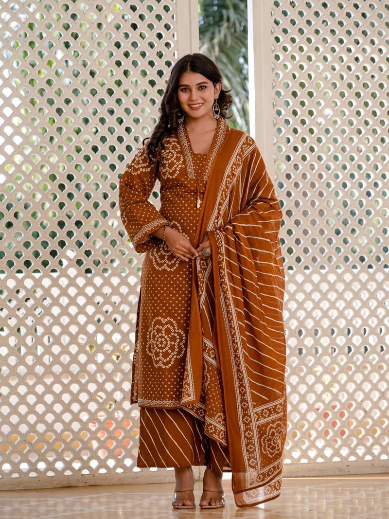 Women Bandhej Printed Kurti Pant Dupatta Set for Women | Ethnic Cotton Kurta Set | Festive & Daily Wear