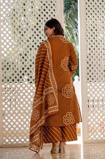 Women Bandhej Printed Kurti Pant Dupatta Set for Women | Ethnic Cotton Kurta Set | Festive & Daily Wear