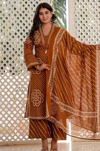 Women Bandhej Printed Kurti Pant Dupatta Set for Women | Ethnic Cotton Kurta Set | Festive & Daily Wear