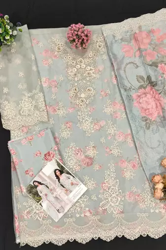 Sky blue chiffon suit with embroidered sequin 