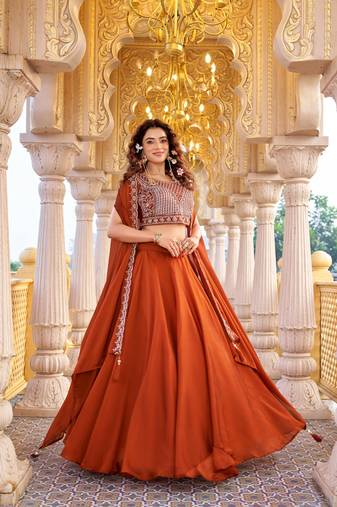 Orange Color Embroidery moti Bids & Sequence  Work Silk Lahenga Choli Set