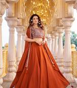 Orange Color Embroidery moti Bids & Sequence  Work Silk Lahenga Choli Set