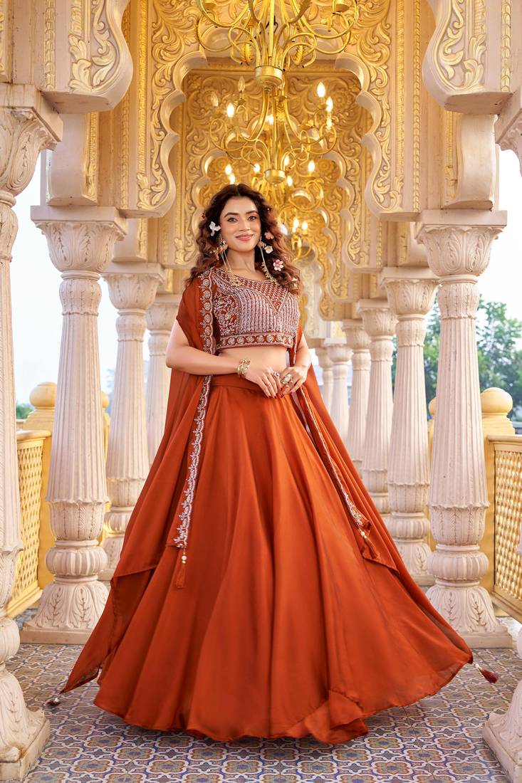 Orange Color Embroidery moti Bids & Sequence  Work Silk Lahenga Choli Set