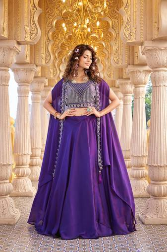Purple Color Embroidery moti Bids & Sequence  Work Silk Lahenga Choli Set