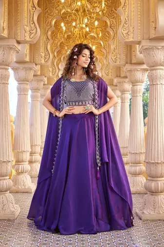 Purple Color Embroidery moti Bids & Sequence  Work Silk Lahenga Choli Set