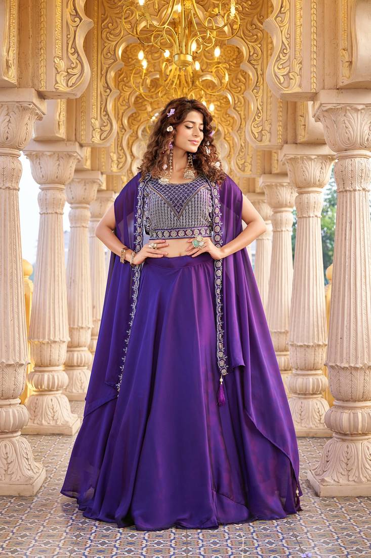 Purple Color Embroidery moti Bids & Sequence  Work Silk Lahenga Choli Set