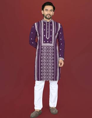 wine embroidered silk kurta pyjama set with silver sequin work 1