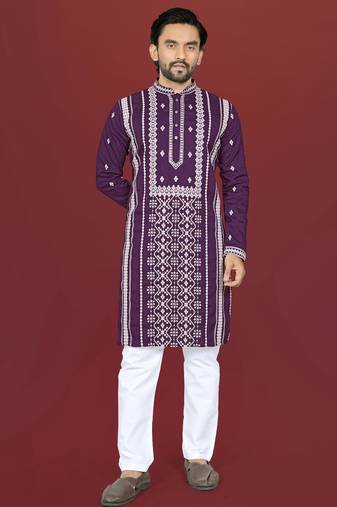wine embroidered silk kurta pyjama set with silver sequin work