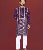 wine embroidered silk kurta pyjama set with silver sequin work