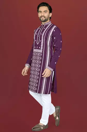 wine embroidered silk kurta pyjama set with silver sequin work