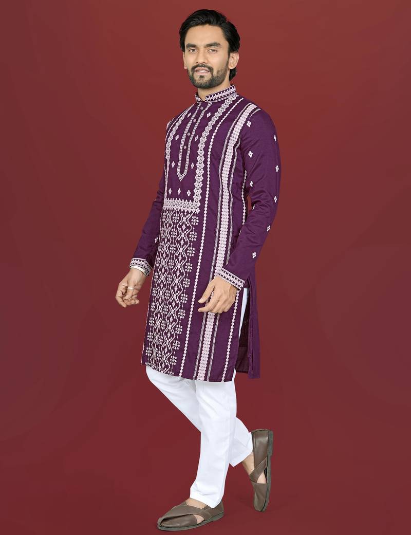 wine embroidered silk kurta pyjama set with silver sequin work