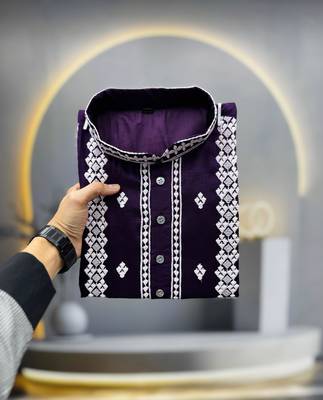 wine embroidered silk kurta pyjama set with silver sequin work 3