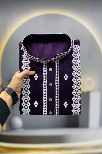 wine embroidered silk kurta pyjama set with silver sequin work