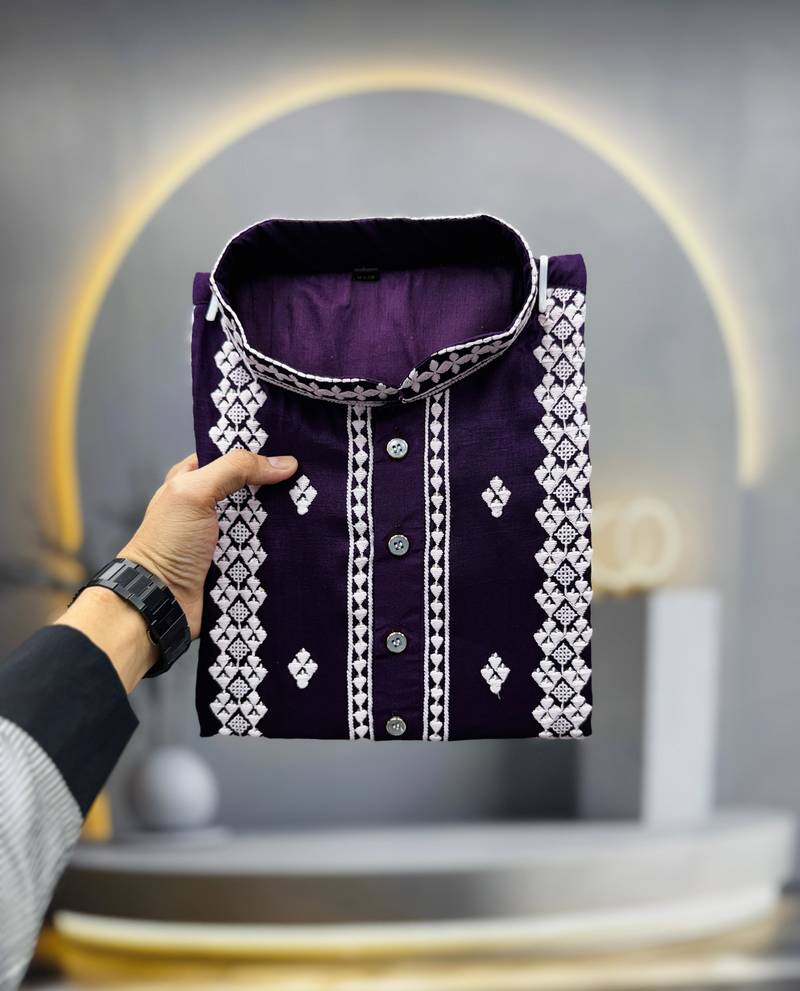 wine embroidered silk kurta pyjama set with silver sequin work