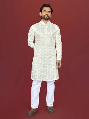 white embroidered silk kurta pyjama set with silver sequin work 1