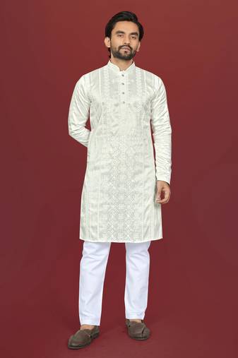 white embroidered silk kurta pyjama set with silver sequin work