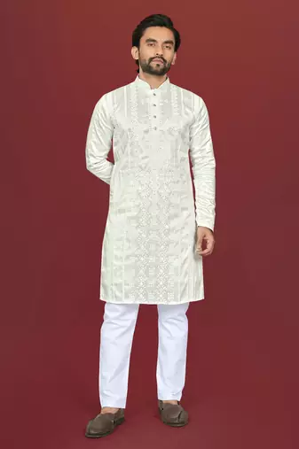 white embroidered silk kurta pyjama set with silver sequin work
