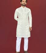 white embroidered silk kurta pyjama set with silver sequin work