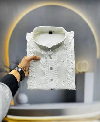 white embroidered silk kurta pyjama set with silver sequin work 2
