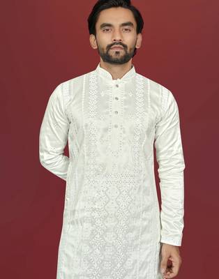 white embroidered silk kurta pyjama set with silver sequin work 3