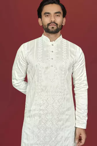 white embroidered silk kurta pyjama set with silver sequin work