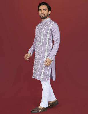 lavender embroidered silk kurta pyjama set with silver sequin work 1