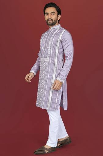 lavender embroidered silk kurta pyjama set with silver sequin work