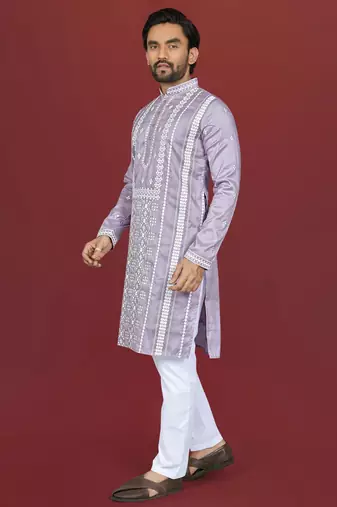 lavender embroidered silk kurta pyjama set with silver sequin work