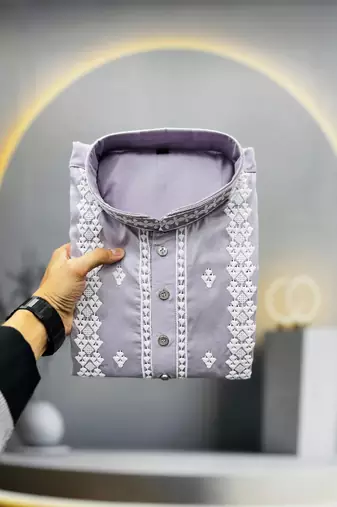lavender embroidered silk kurta pyjama set with silver sequin work