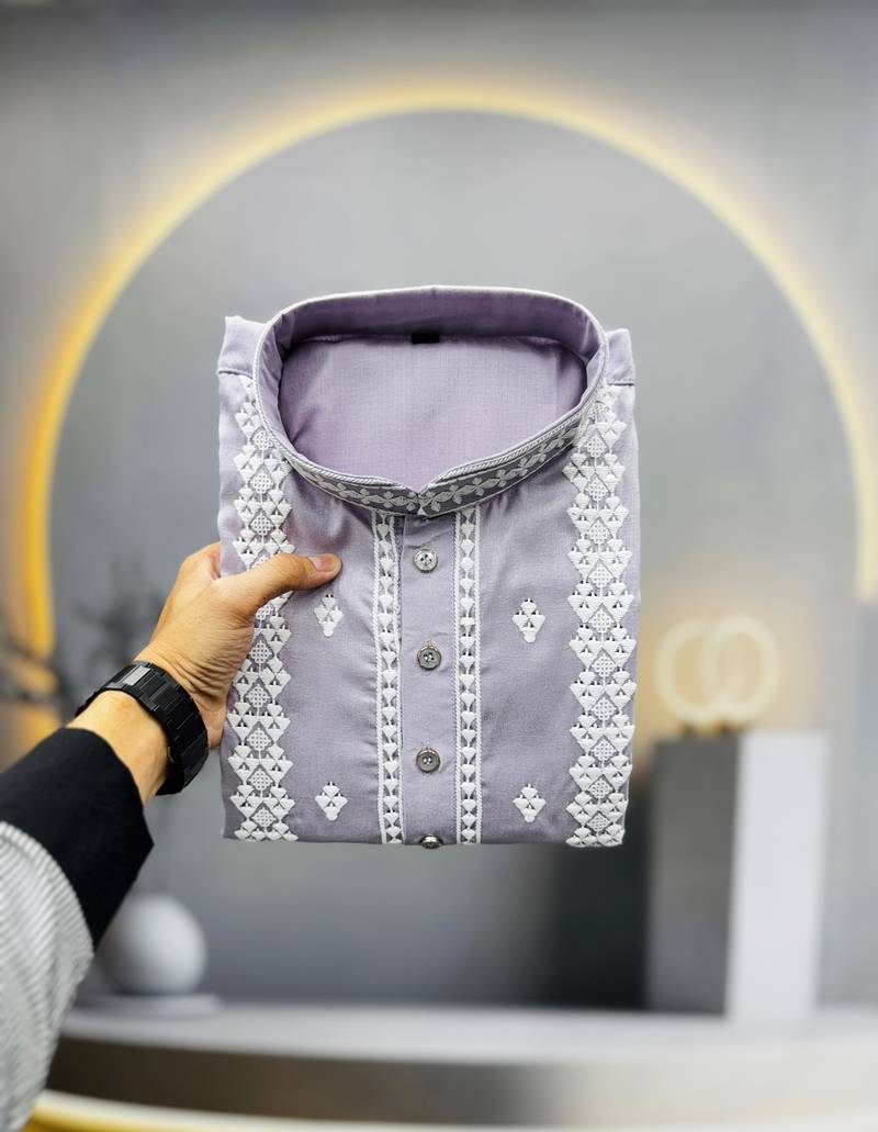 lavender embroidered silk kurta pyjama set with silver sequin work