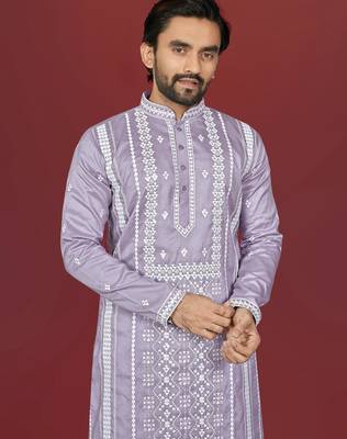 lavender embroidered silk kurta pyjama set with silver sequin work 3