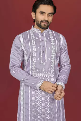lavender embroidered silk kurta pyjama set with silver sequin work