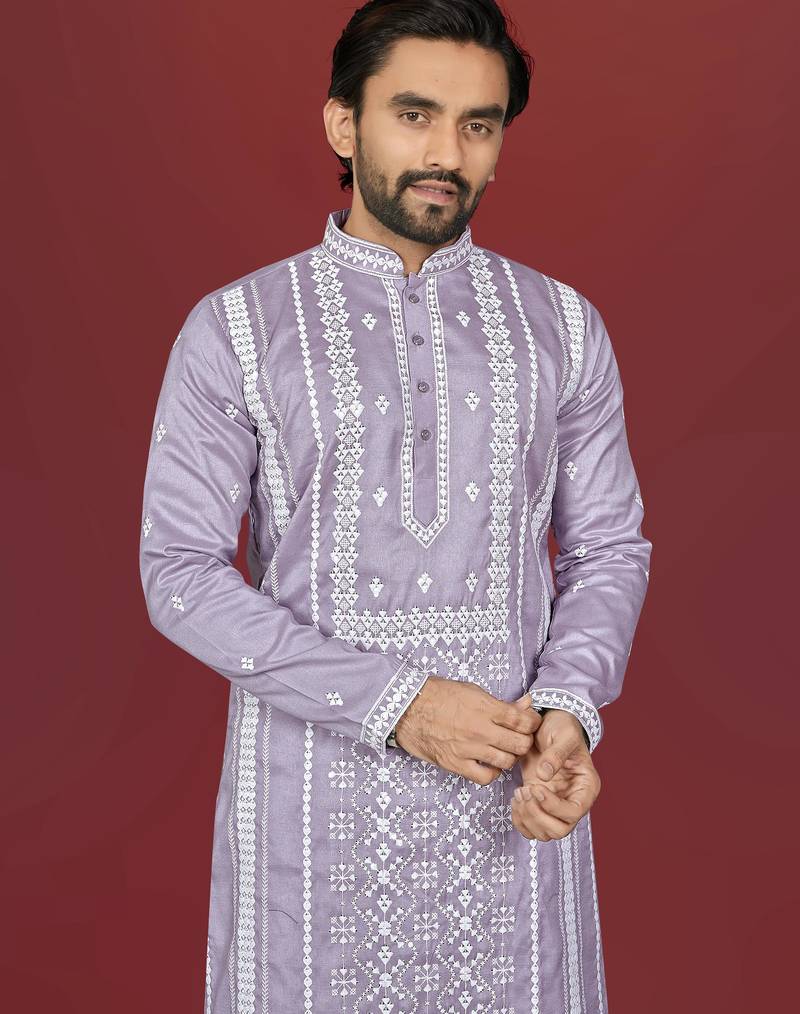 lavender embroidered silk kurta pyjama set with silver sequin work